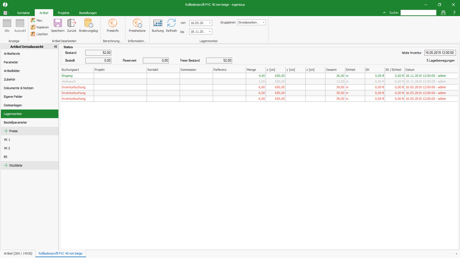 Ingenious Software Artikel Detailansicht Lagermonitor