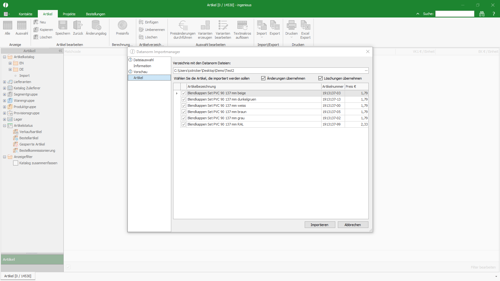 Ingenious Software Artikel Listenansicht Datanorm Import