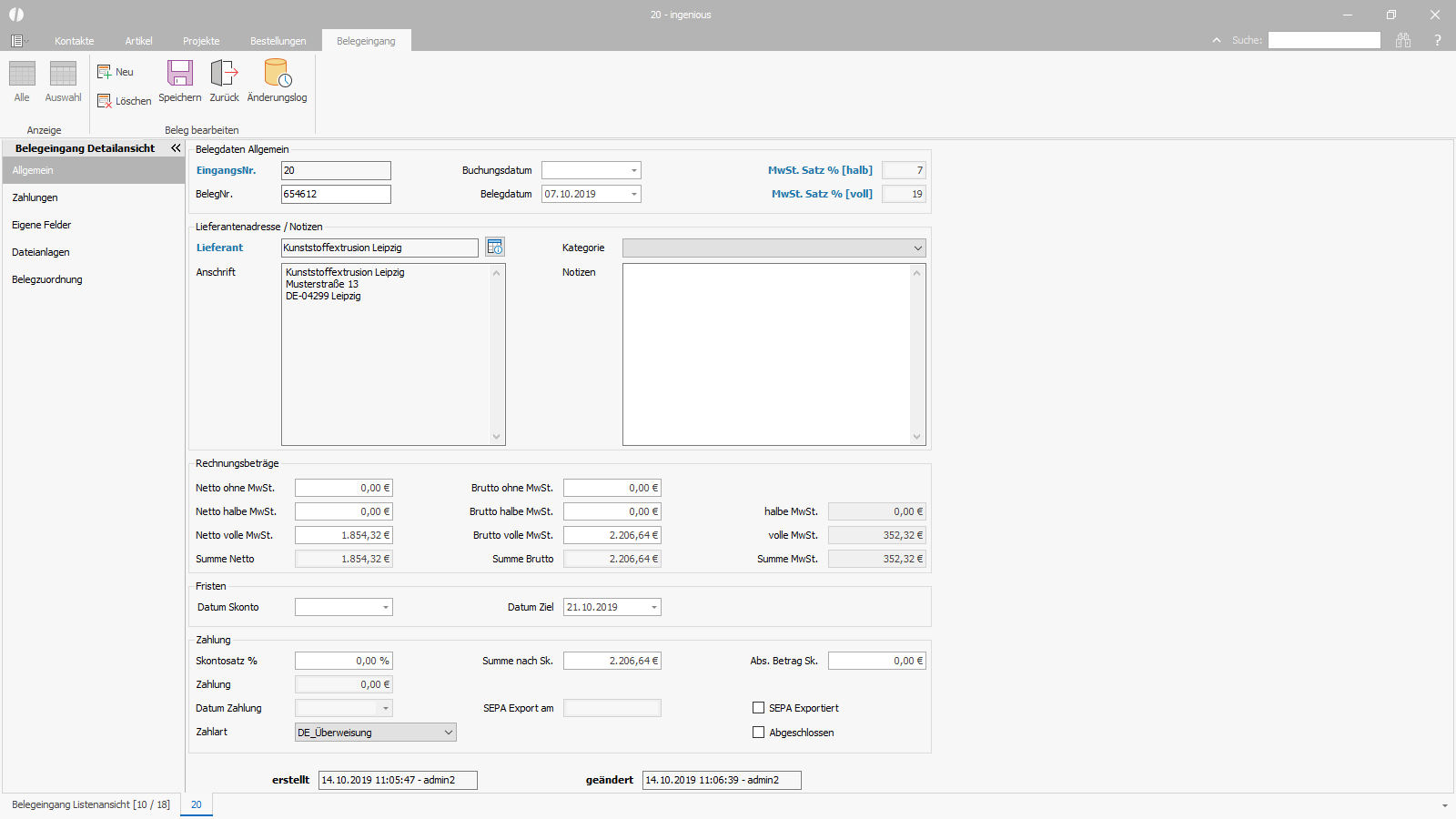 Ingenious Software Belegeingang Detailansicht