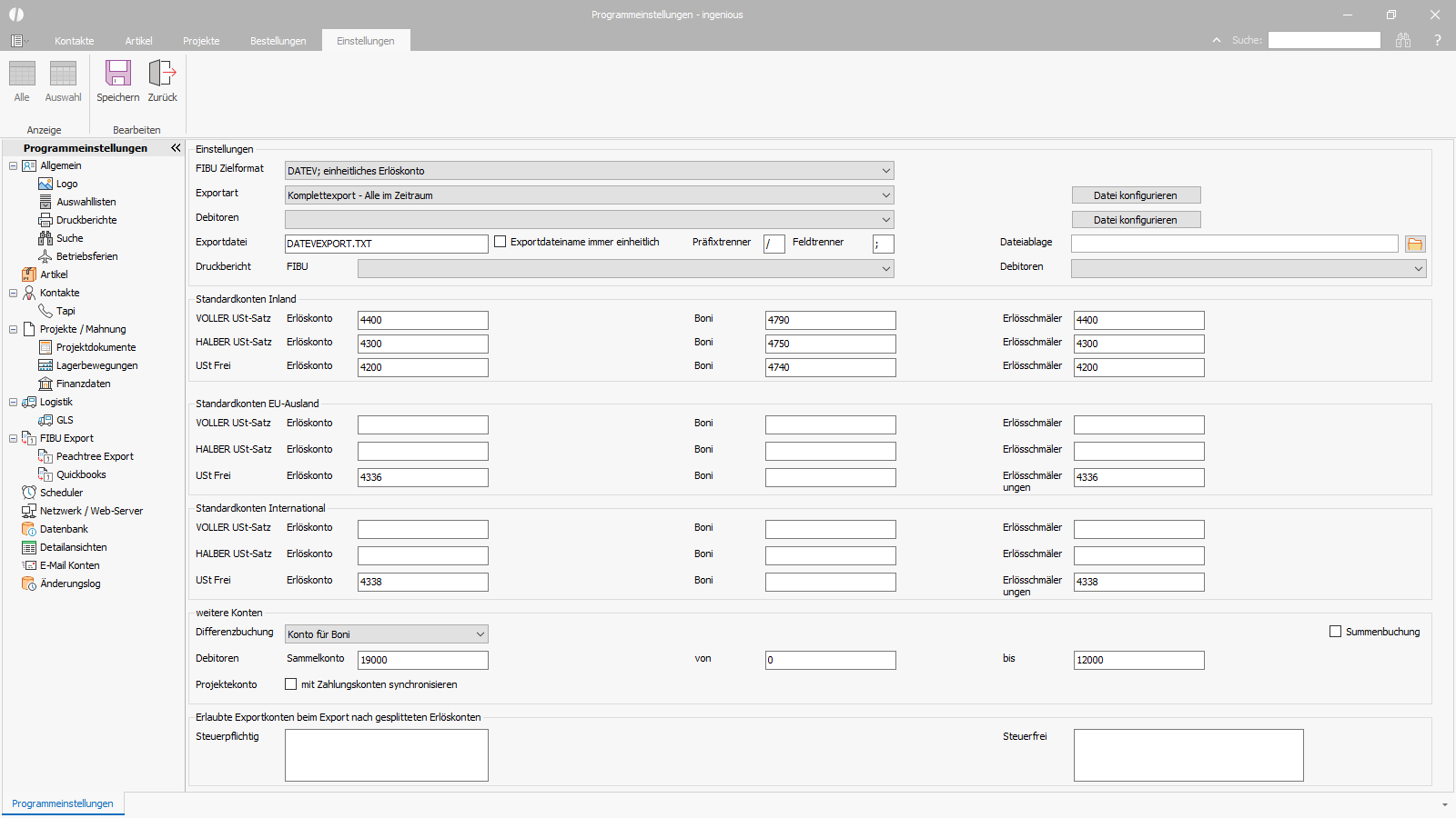 Ingenious Software Fibu Export Konfiguration Kontenrahmen