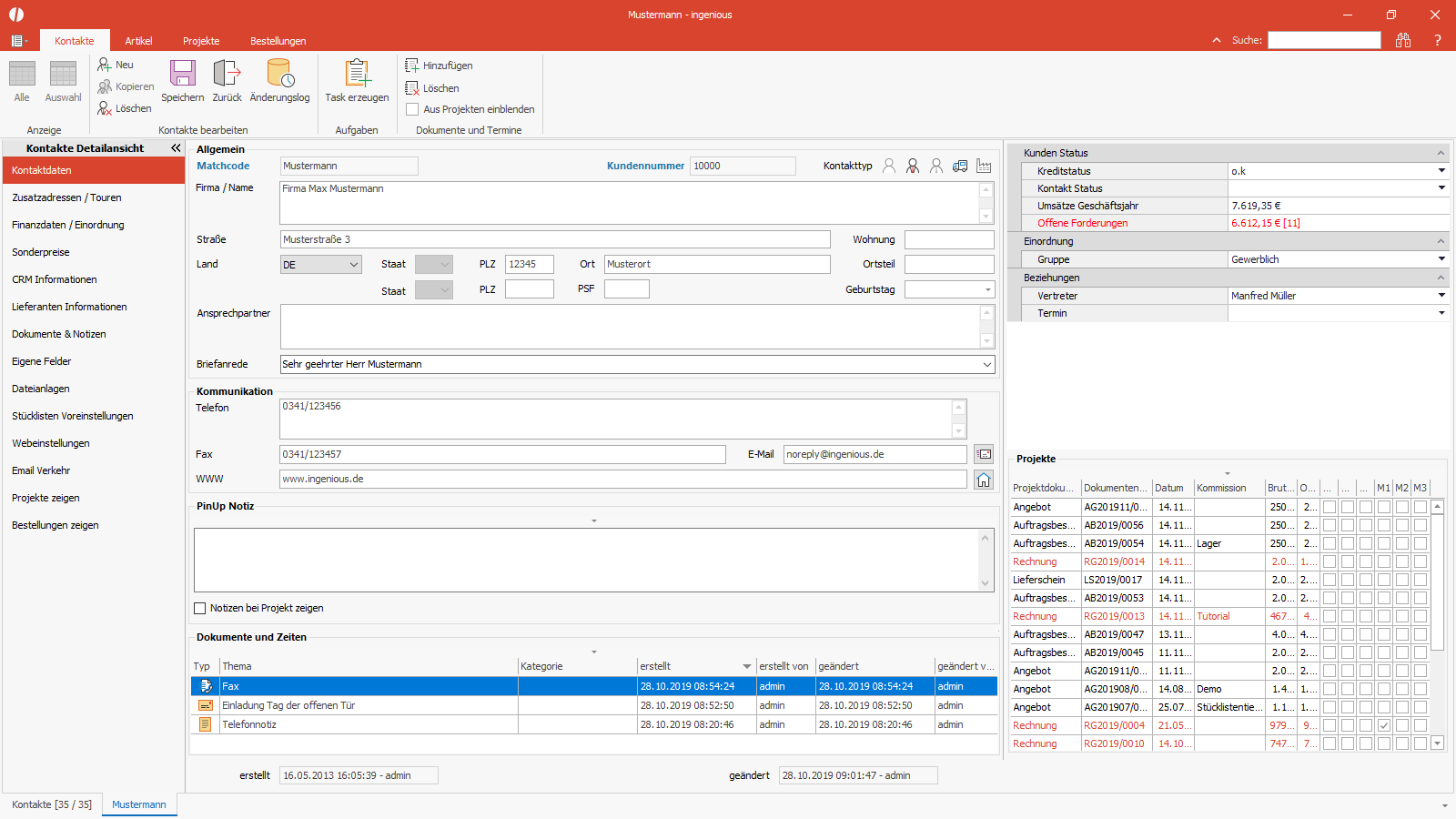 Ingenious Software Kontakte Detailansicht Dashboard