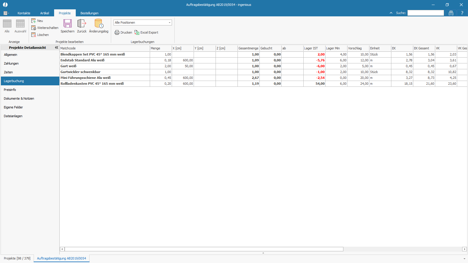 Ingenious Software Projekte Detailansicht Lagerbuchungen