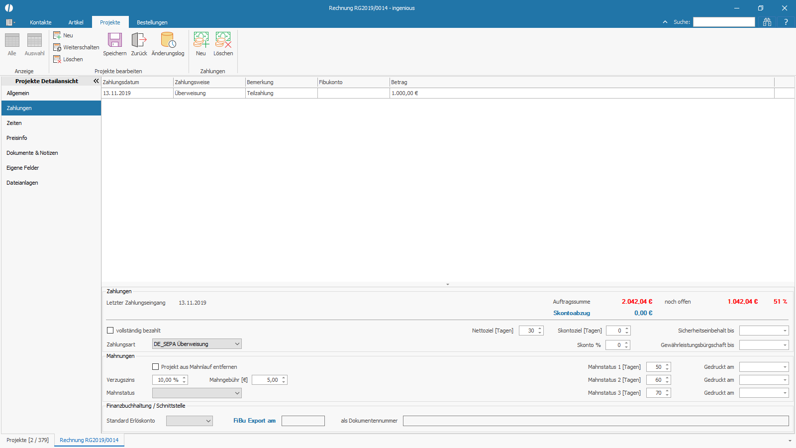 Ingenious Software Projekte Detailansicht Zahlungen