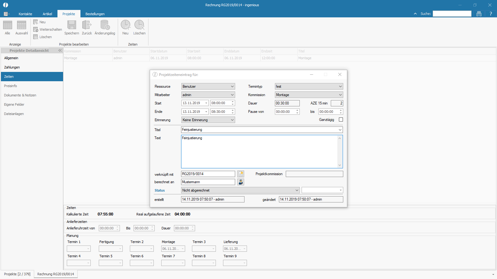 Ingenious Software Projekte Detailansicht Zeiten