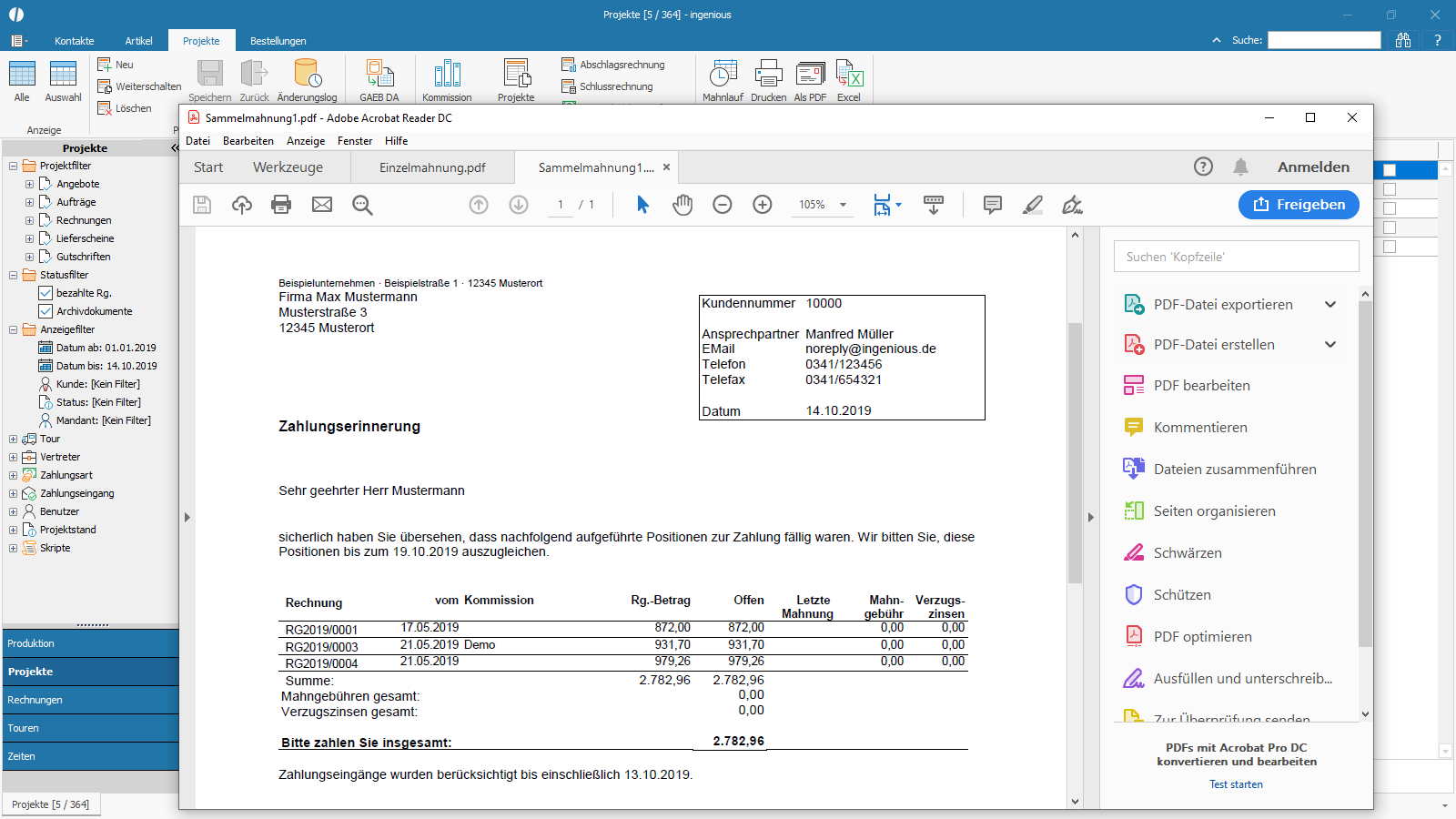 Ingenious Software Projekte Listenansicht Sammelmahnung