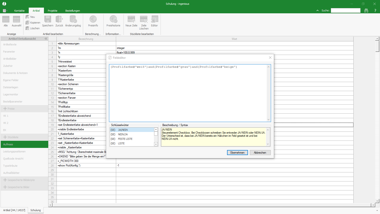 Ingenious Software Stücklisten Feldeditor