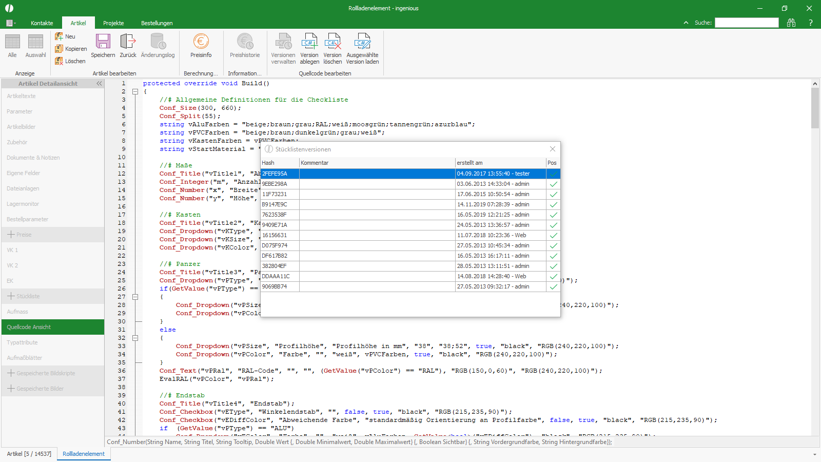 Ingenious Software Stücklisten Versionshistorie