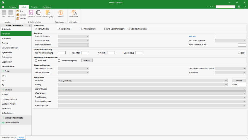 Parameter eines neuen Artikels