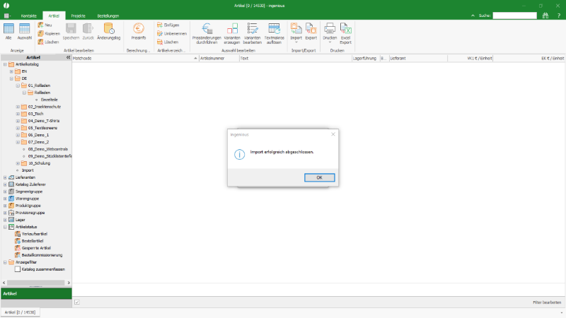 Erfolgsmeldung für einen abgeschlossenen XML Import
