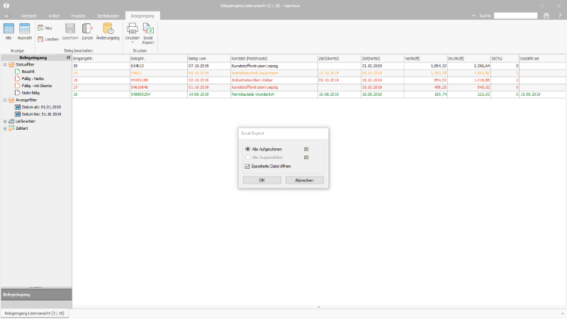 Auswahlabfrage für den Export einer Belegeingangs Liste nach Microsoft Excel