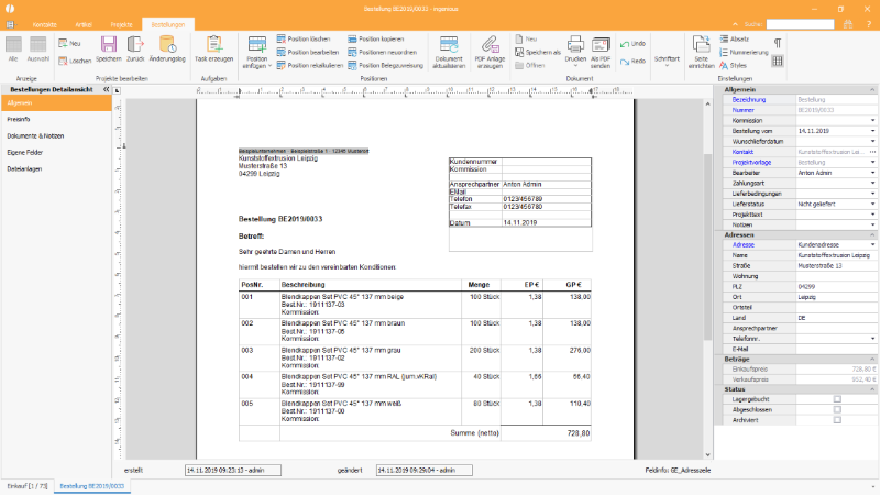 Allgemeine Bestellungsdaten / Druckvorschau