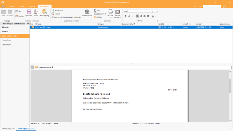 Texteditor eines Dokuments zu einer Bestellung