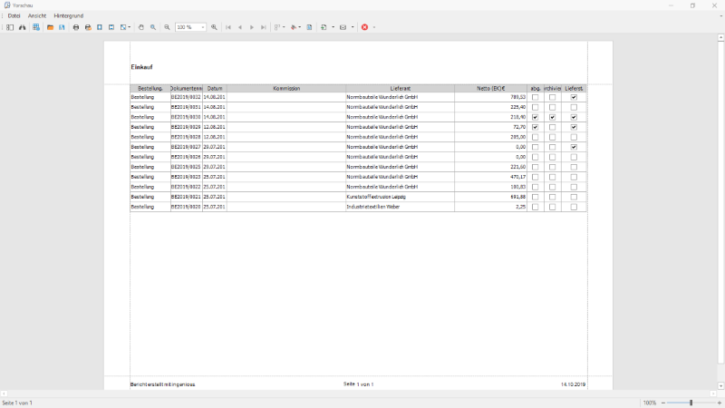 Druckvorschau einer Bestellungen Liste
