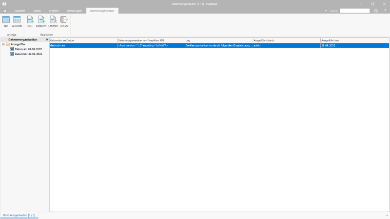 Die Listenansicht der Datenreorganisation