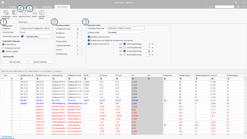 Einstellungen und Vorschau Heroal Artikelimport