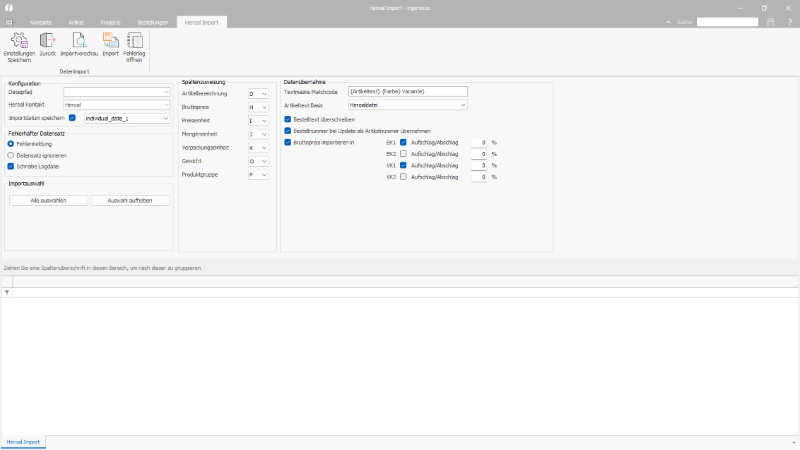 Einstellungen für den Heroal Artikelimport