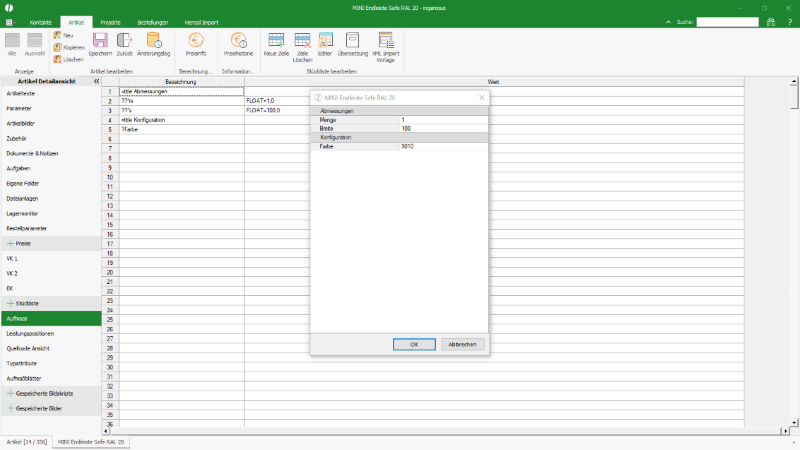 Aufmaßdaten für Checkliste
