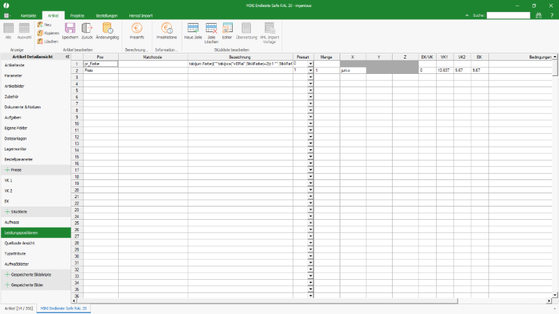 Leistungspositionen zum Abbilden von Text und Preis