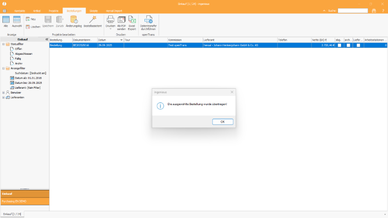 Per openTrans Datentransfer übertragene Bestellung