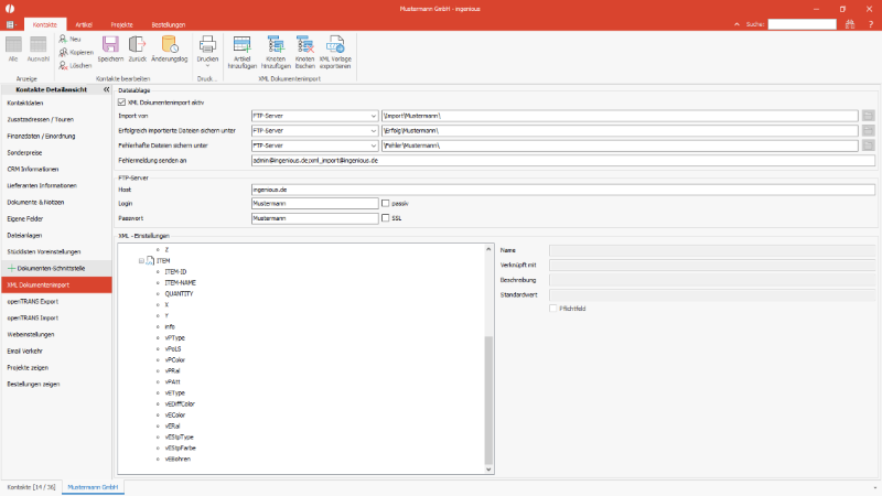 Konfiguration des XML Dokumentenimports für einen Kontakt