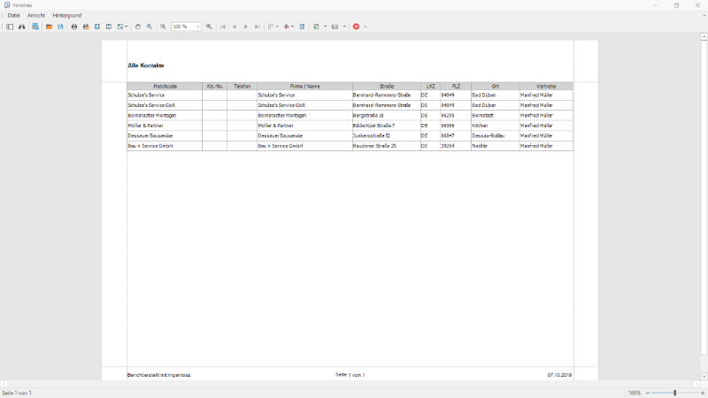 Druckvorschau einer Kontakte Listenansicht