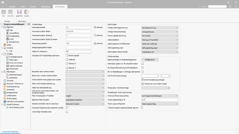 Programmeinstellungen für Projekte