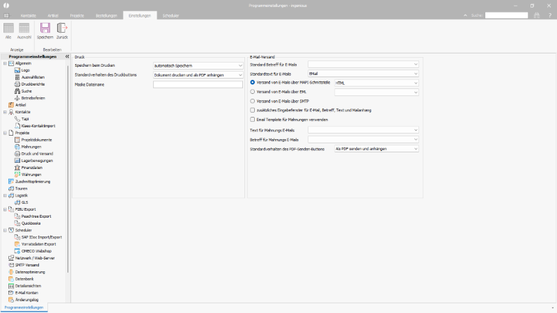 Programmeinstellungen für Druck und Versand