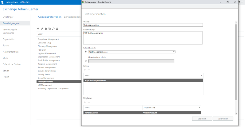 Anlage der Administrationsrolle in Exchange