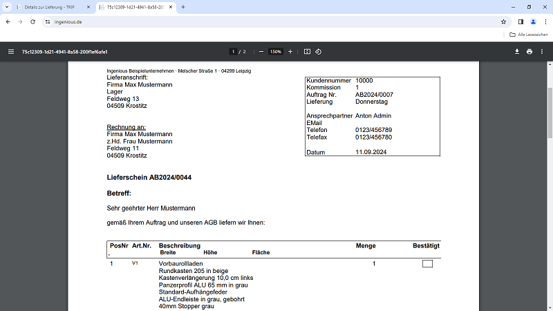 PDF Lieferschein im ingenious.TRIP Modul