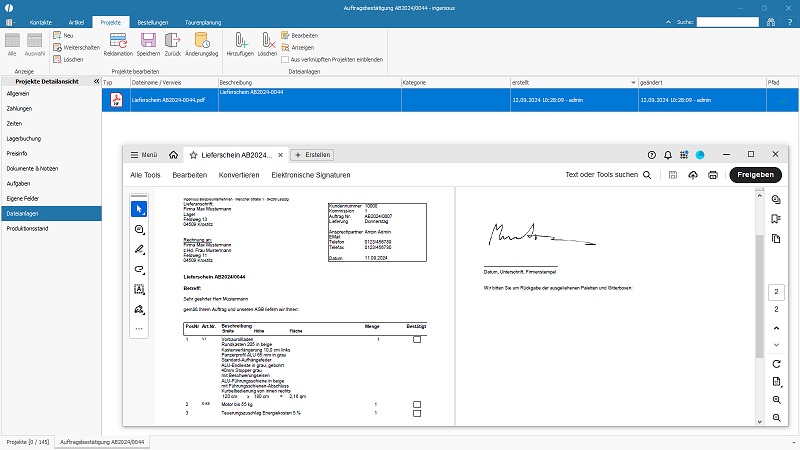 Im Projekt gespeicherter unterschriebener PDF Lieferschein