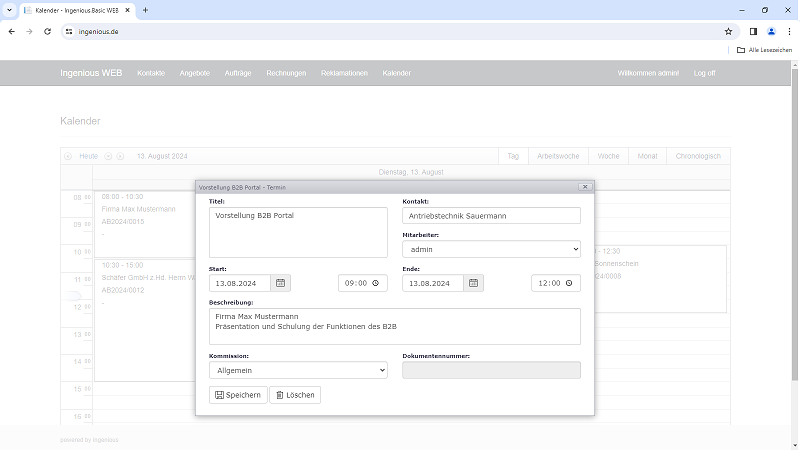 Details eines Termins im Außendienst WEB Kalender